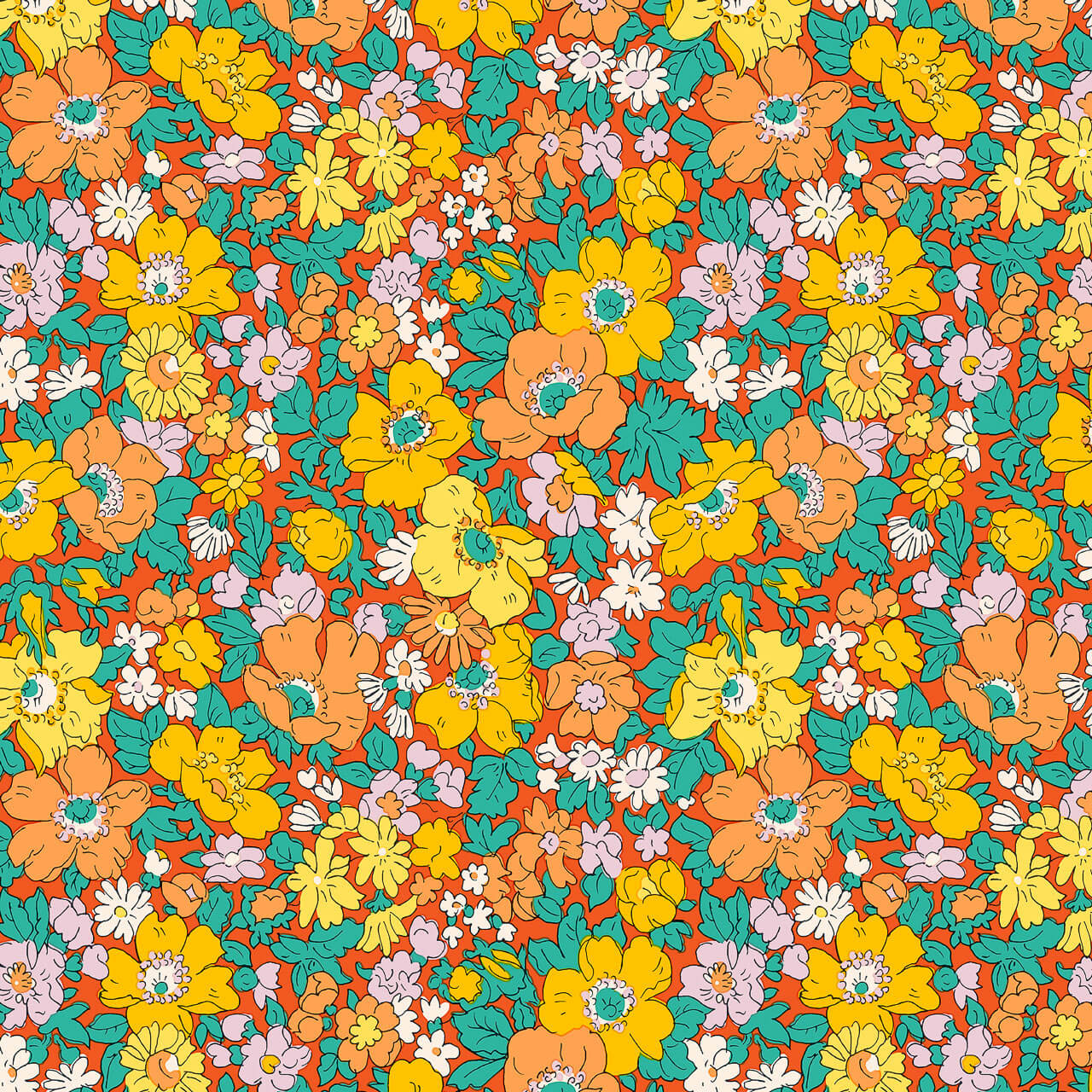 Liberty Everlasting Collection Cosmos Song B quilting fabric featuring yellow, peach and white flowers with turquoise foliage on an orange background.