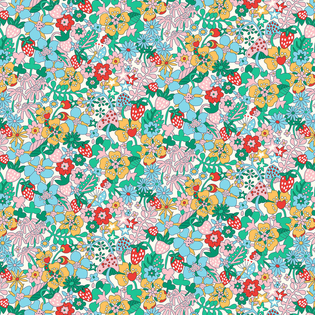 Liberty Everlasting Collection Flowertop Forest B quilting fabric featuring strawberries, mushrooms, colourful flowers and green foliage on a cream background.