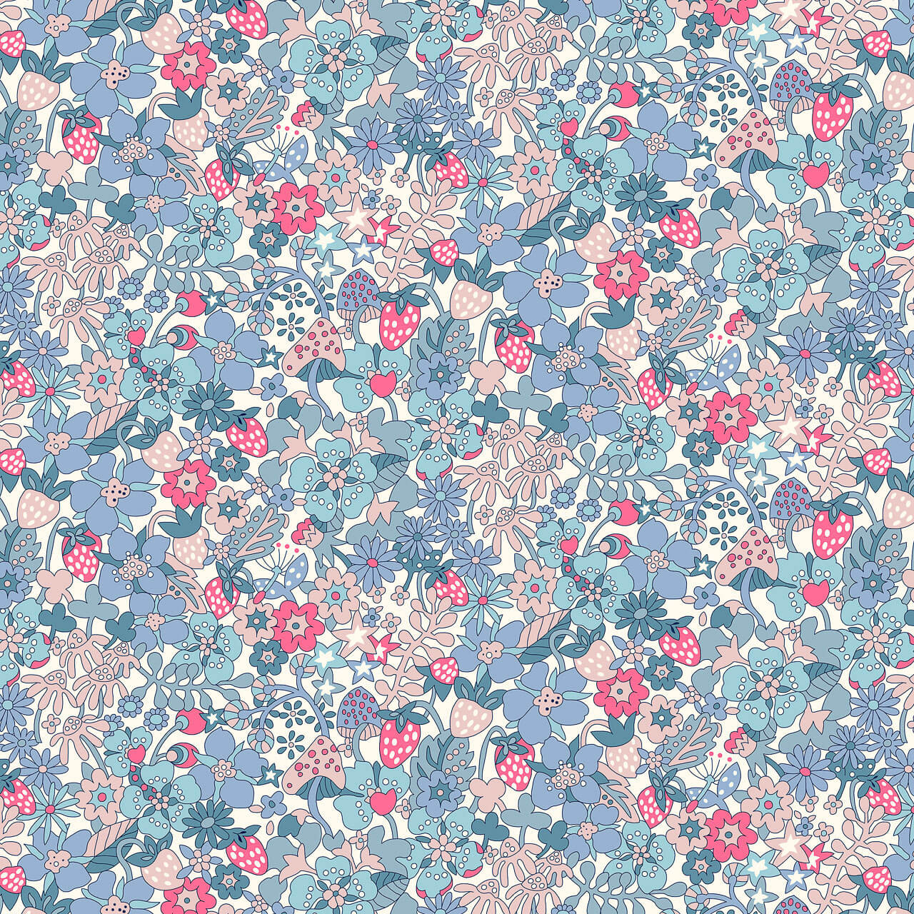 Liberty Everlasting Collection Flowertop Forest A quilting fabric featuring soft blue flowers, strawberries, mushrooms and woodland motifs on a cream background.