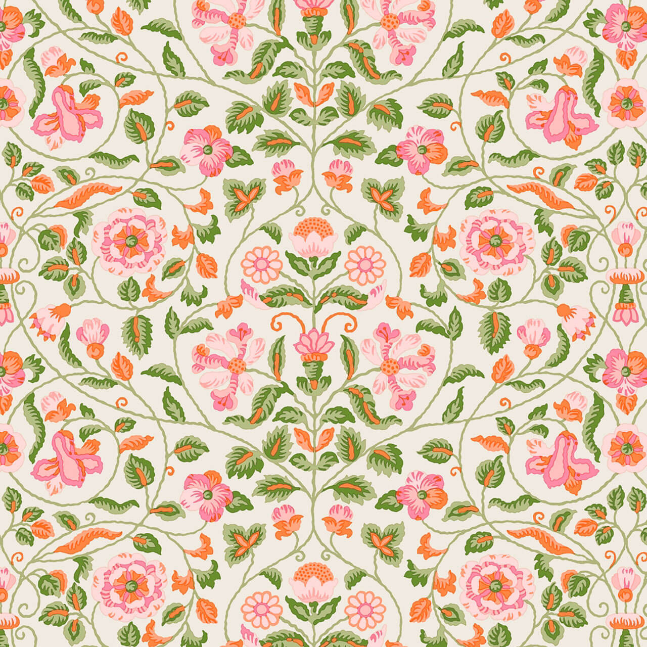 Traditional floral fabric with pink, coral, and green Jacobean motifs on ivory – Tapestry Trail in Pink from the Liberty Craft Garden collection
