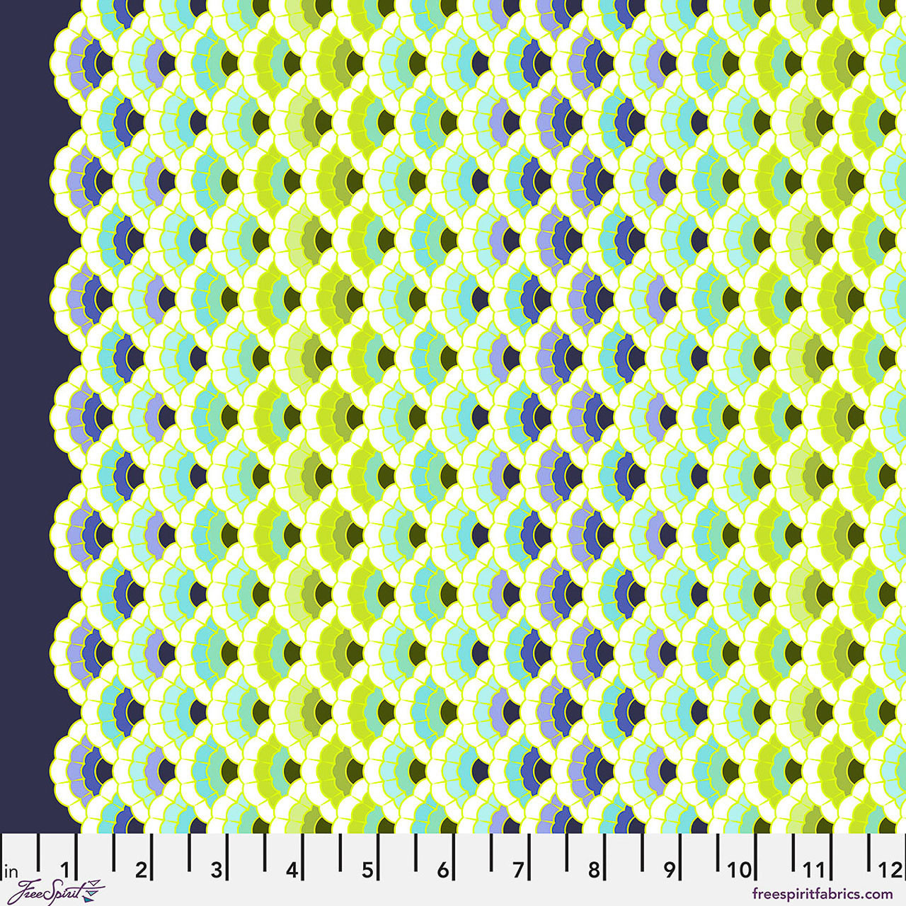 Free Spirit Floral Reef Aquatic Lace Marine fabric featuring layered scallop and fish scale motifs in marine blue, aqua, lime, and navy.