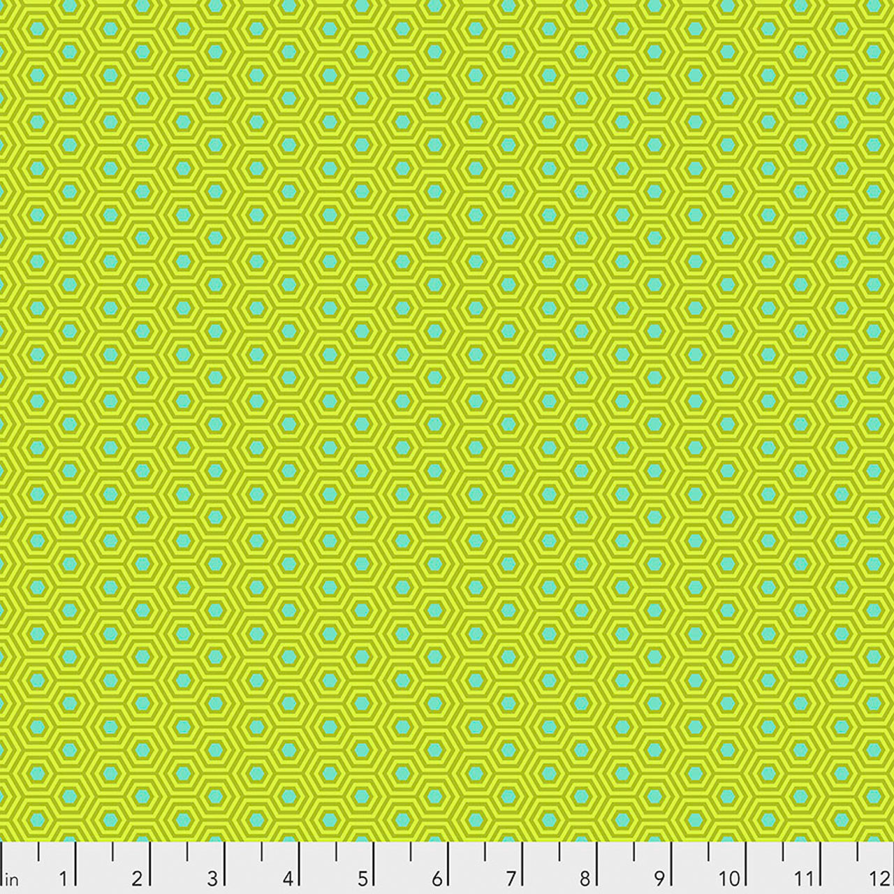 Free Spirit True Colors Hexy Chameleon fabric featuring lime green hexagonal geometric motifs with aqua and olive detailing.