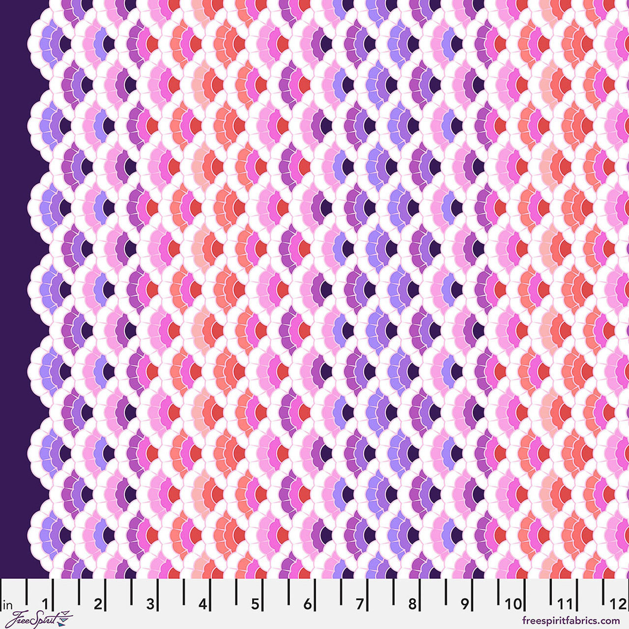 Free Spirit Floral Reef Aquatic Lace Ultraviolet fabric featuring layered scallop and fish scale motifs in violet, pink, coral, and lavender tones.