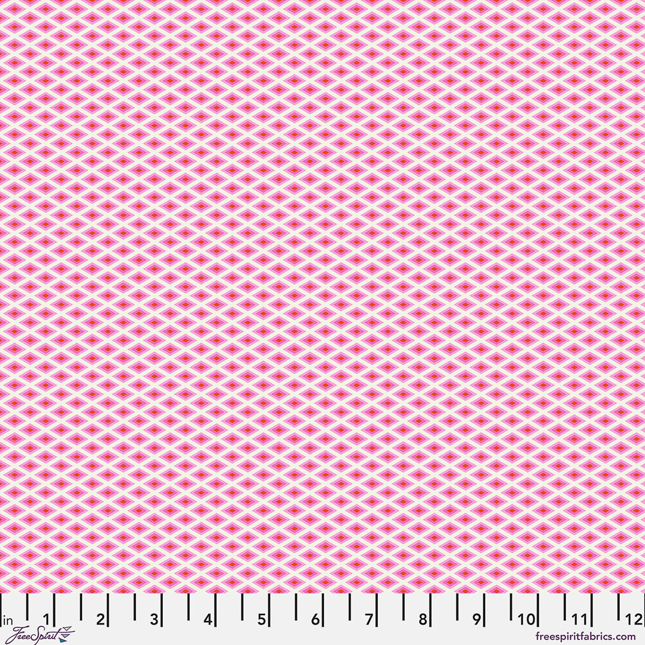 Free Spirit Floral Reef Lighthouse Windows Delphine fabric featuring repeating geometric diamond motifs in pink, coral, and peach tones.