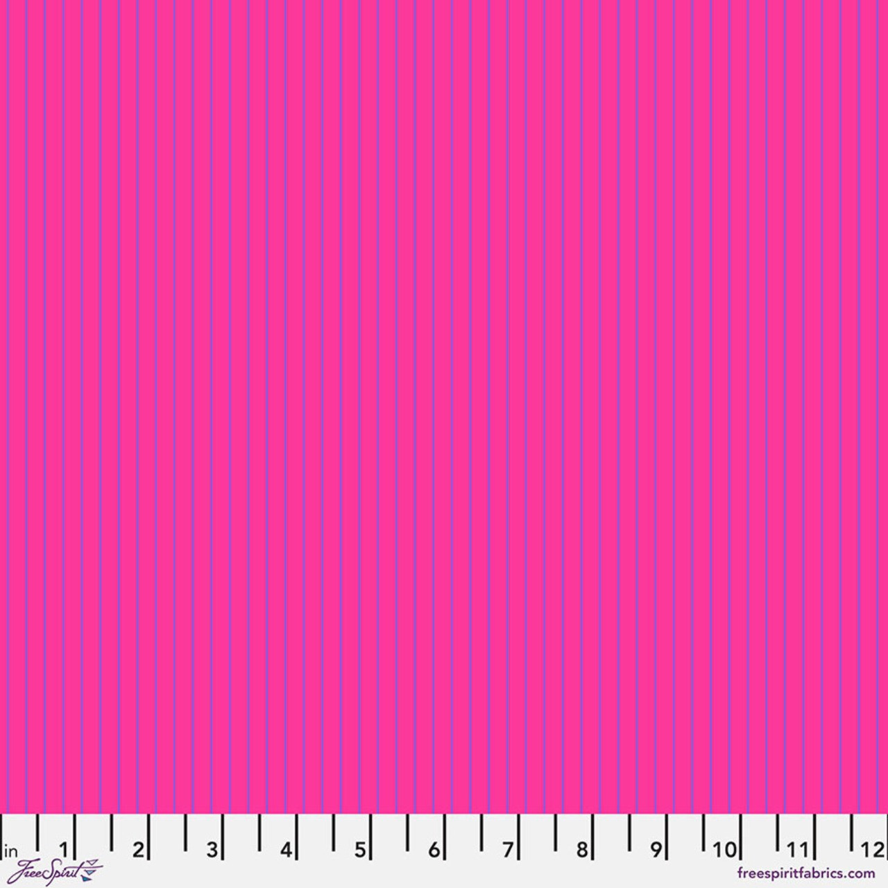 Tiny Stripes in Mystic by Tula Pink for FreeSpirit Fabrics featuring fine purple vertical stripes on a vibrant pink background from the True Colors collection.