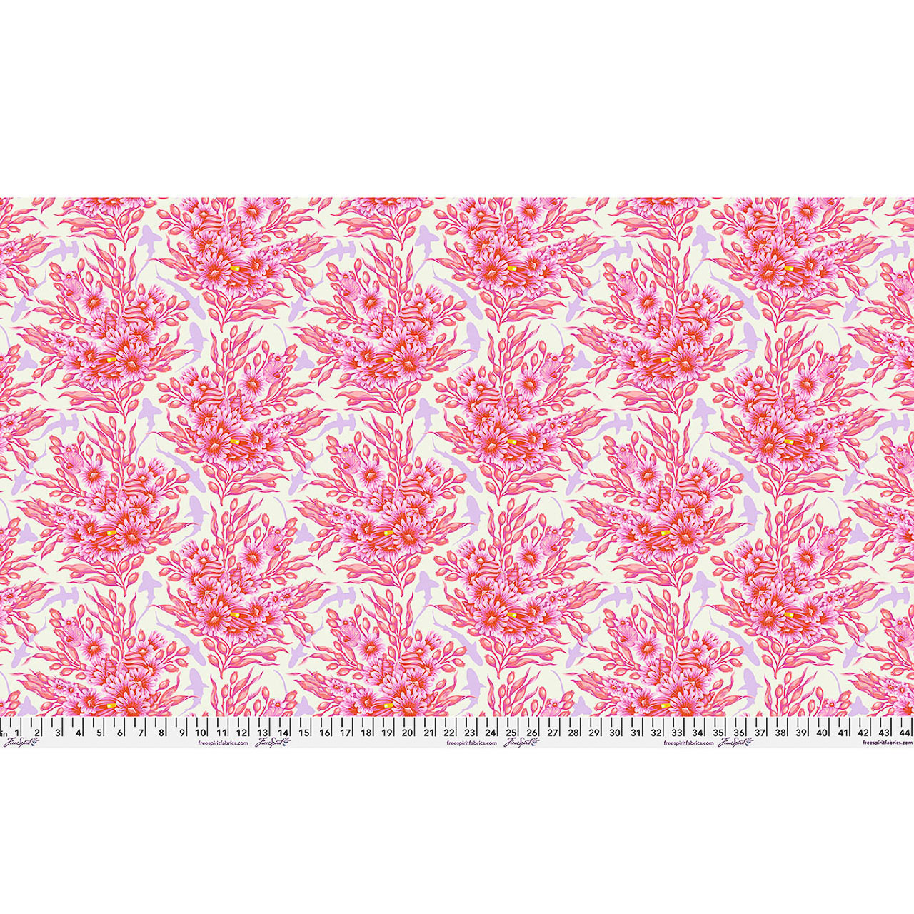 Full Width view of Free Spirit Floral Reef Shadow Sharks Delphine fabric featuring pink coral reef florals and hidden lavender shark silhouettes.