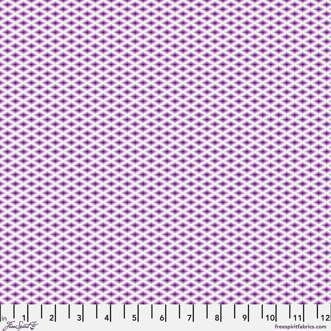 Free Spirit Floral Reef Lighthouse Windows Ultraviolet fabric featuring repeating geometric diamond motifs in violet, lavender, plum, and orchid pink tones.