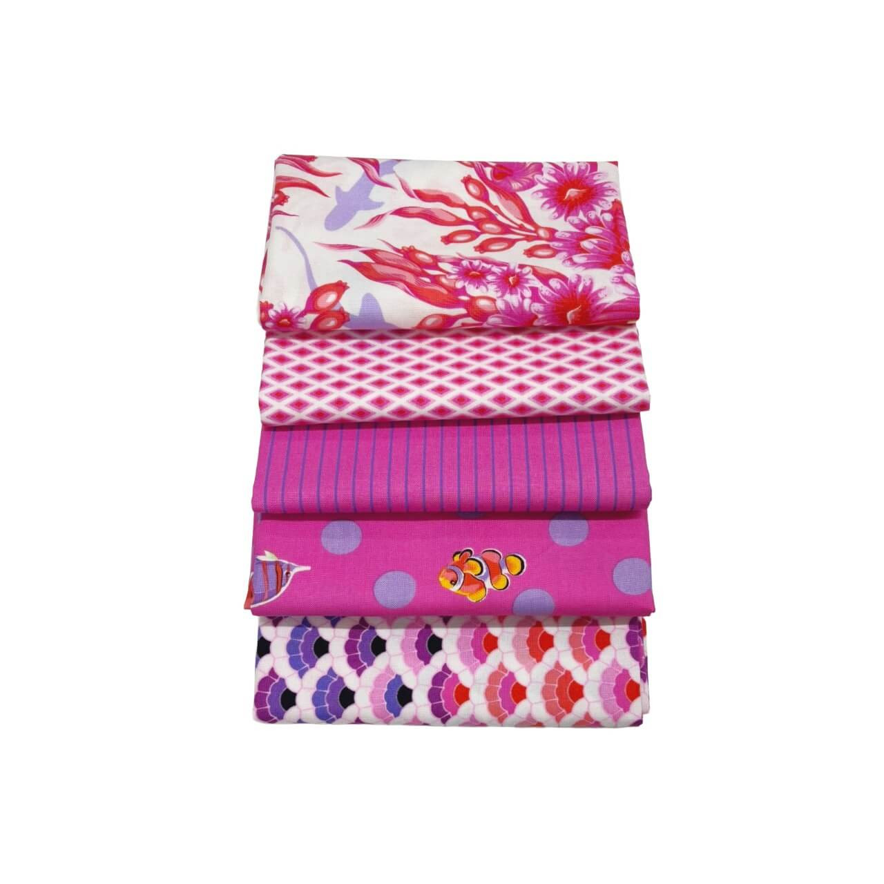 Stacked Pink Paradise fat quarter bundle featuring five studio-cut Tula Pink Floral Reef and True Colors fabrics.