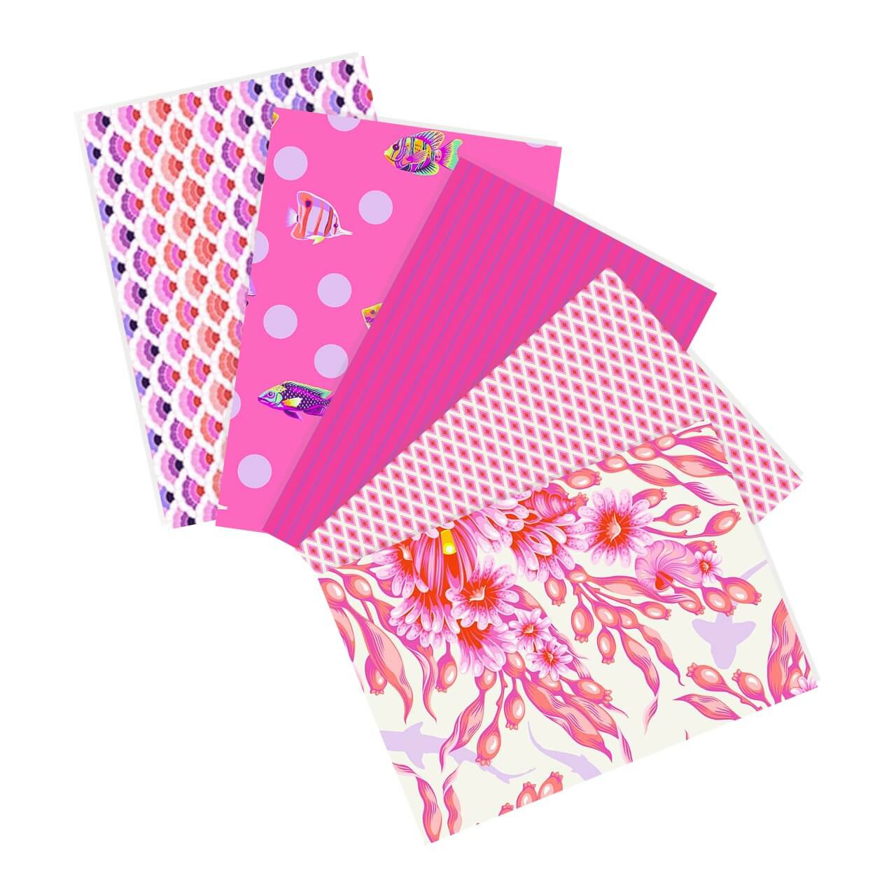Pink Paradise Tula Pink fat quarter bundle with five coordinated Floral Reef and True Colors quilting fabrics in coral, pink and lavender.