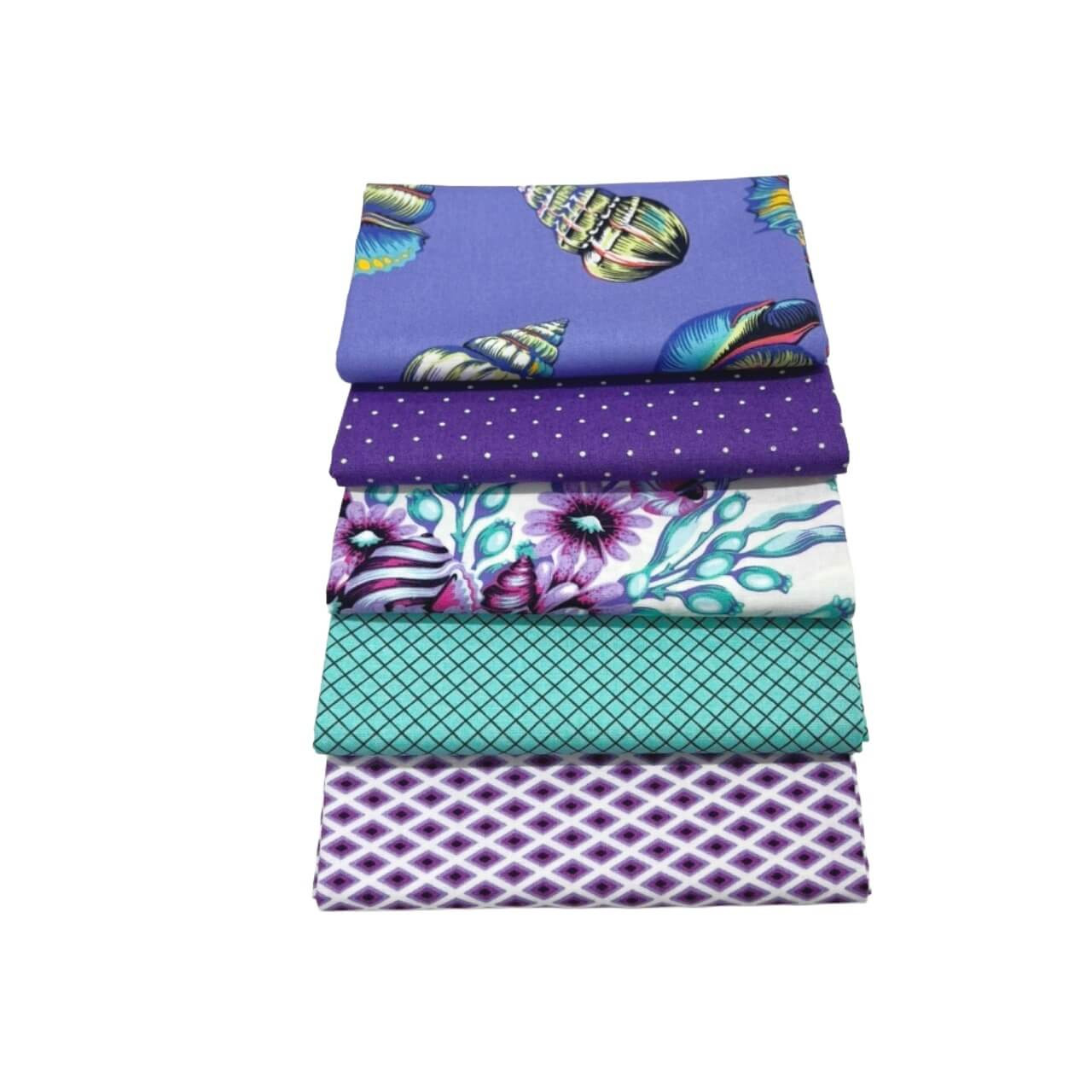 Stacked Amethyst Tide fat quarter bundle featuring five studio-cut Tula Pink Floral Reef and True Colors fabrics.