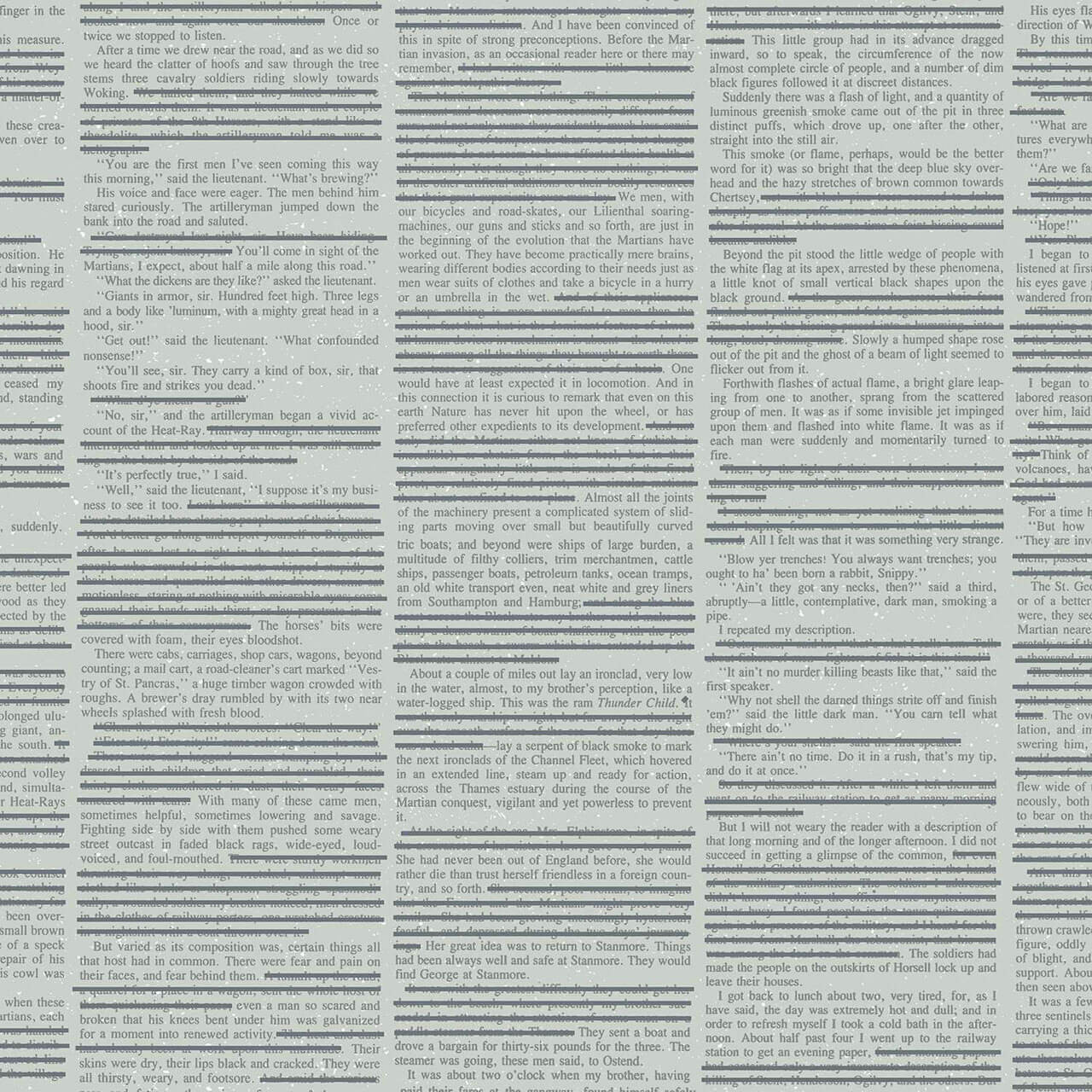 Muted soot-grey cotton fabric with printed text and dark redaction marks from the Scrawl collection designed by Guicy Guice for Andover Fabrics.