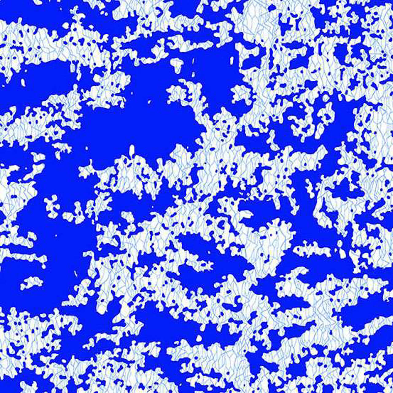 Lekker in Delftware fabric with abstract blue shapes and fine linear detail on a white background