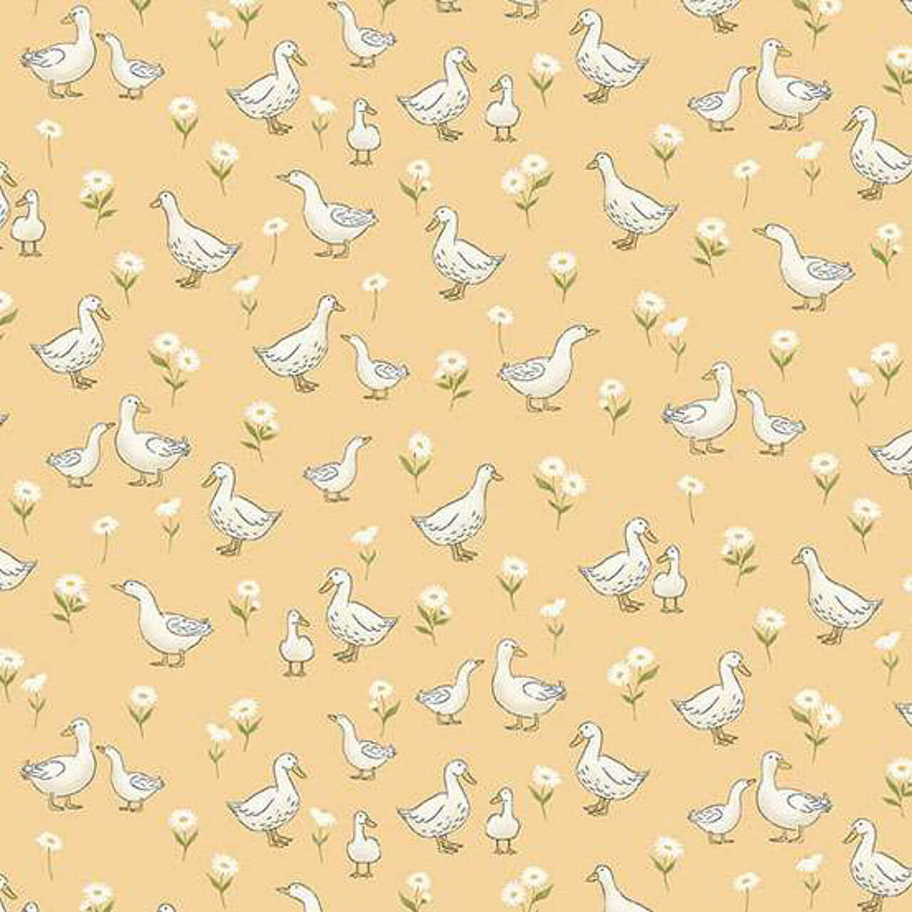 Makower UK Little Ones Ducks Yellow fabric with illustrated ducks and daisy motifs on warm yellow cotton print