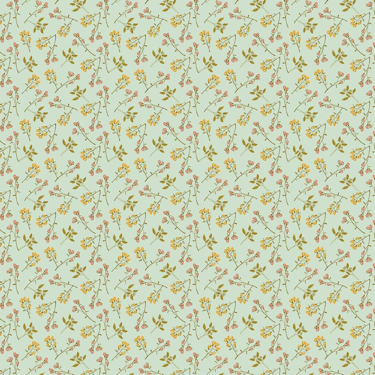 Close-up of Bloom Burst Spring fabric from Andover Fabrics’ Meadow Walk collection, featuring soft pink and yellow wildflowers on a pale green background.