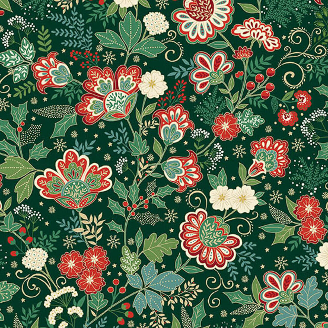 Makower UK Adorn Collection Bloom in Green metallic quilting fabric with forest green background, stylised floral motifs, holly leaves and red berries.