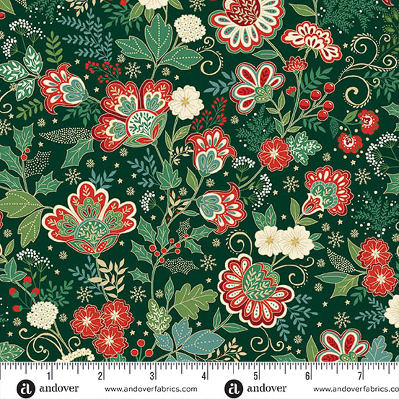 Makower UK Adorn Collection Bloom in Green metallic quilting fabric shown with ruler for scale, featuring forest green background, stylised floral motifs, holly leaves and red berries.