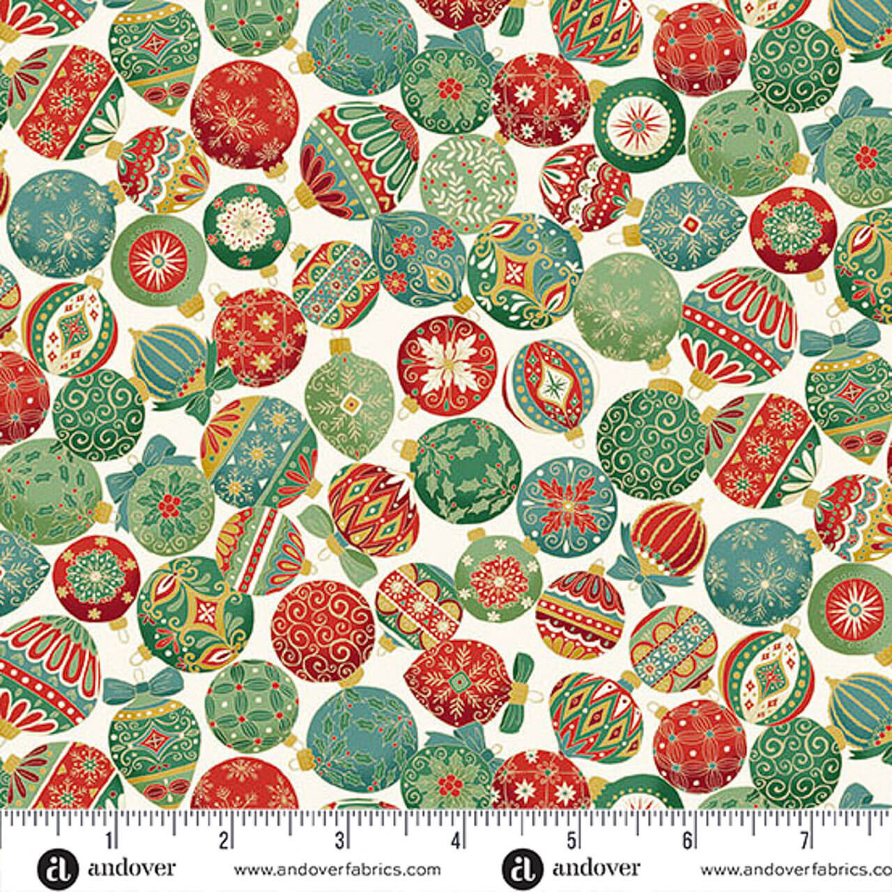 Makower UK Adorn Collection Ornament in Cream metallic quilting fabric shown with ruler for scale, featuring cream background and colourful decorative Christmas baubles.