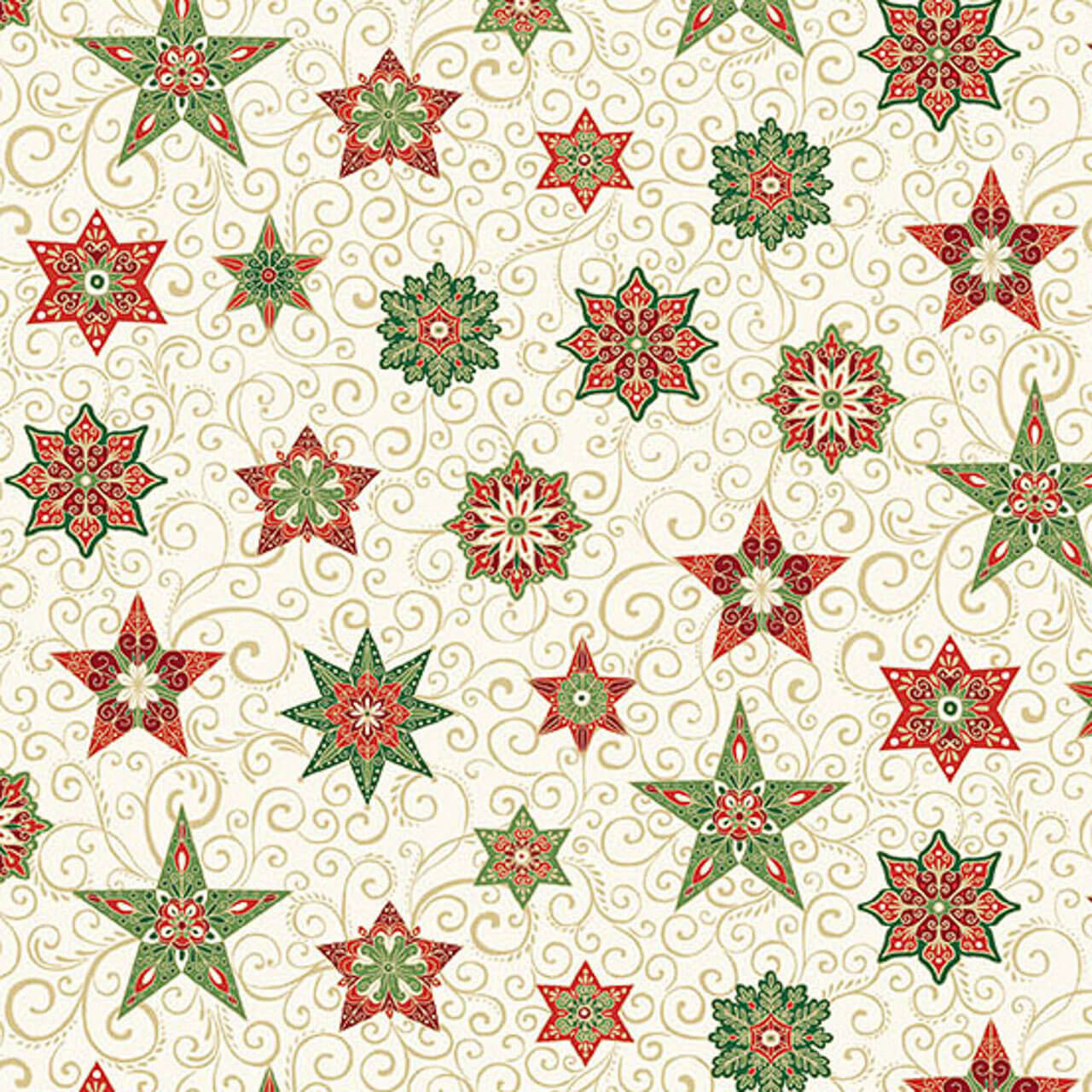 Makower UK Adorn Collection Star in Cream metallic quilting fabric with cream background, decorative stars, gold scrollwork and metallic accents.