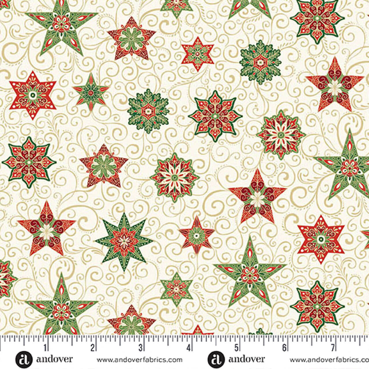 Makower UK Adorn Collection Star in Cream metallic quilting fabric shown with ruler for scale, featuring cream background, decorative stars, gold scrollwork and metallic accents.