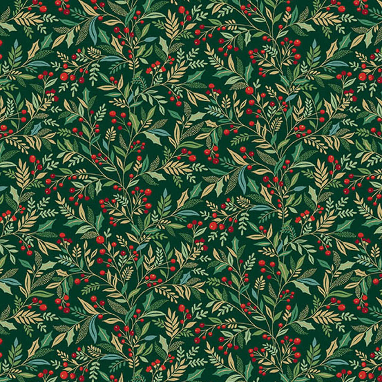 Makower UK Adorn Collection Holly in Green metallic quilting fabric with forest green background, holly leaves, winter foliage and red berries.