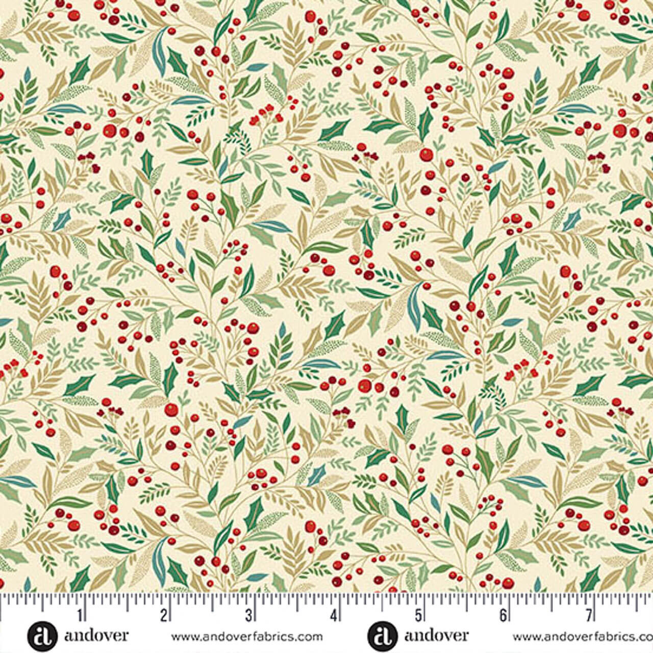 Makower UK Adorn Collection Holly in Cream metallic quilting fabric shown with ruler for scale, featuring cream background, holly leaves, winter foliage and red berries.