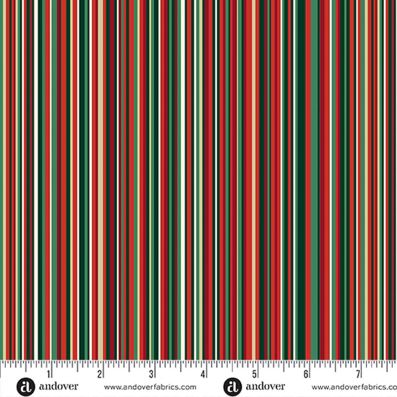 Makower UK Adorn Collection Classic Strip Dark metallic quilting fabric shown with ruler for scale, featuring green, red, cream and sage striped design.