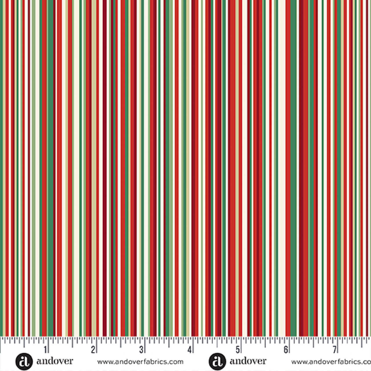 Makower UK Adorn Collection Classic Strip Light metallic quilting fabric shown with ruler for scale, featuring cream, green, red and sage striped design.