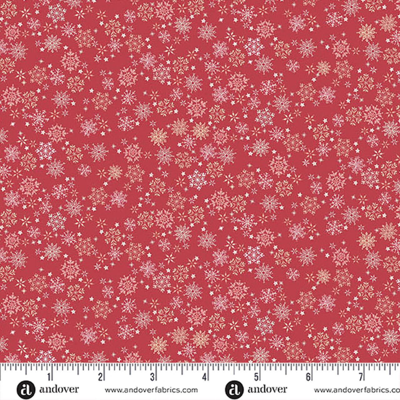 Makower UK Country Christmas Frosty in Red quilting fabric featuring delicate white and cream snowflakes on a rich red background with ruler for scale