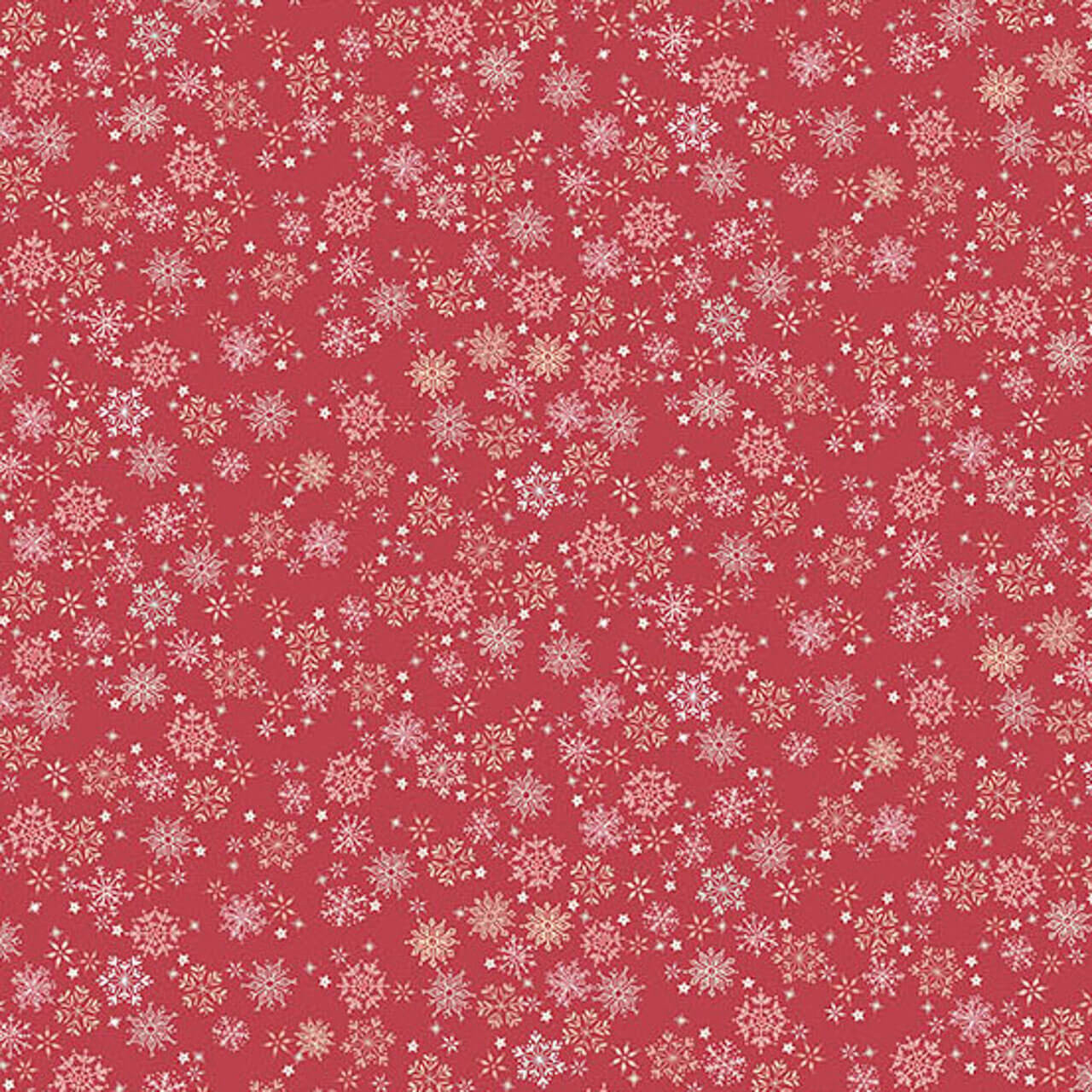 Makower UK Country Christmas Frosty in Red quilting fabric featuring delicate white and cream snowflakes on a rich red background