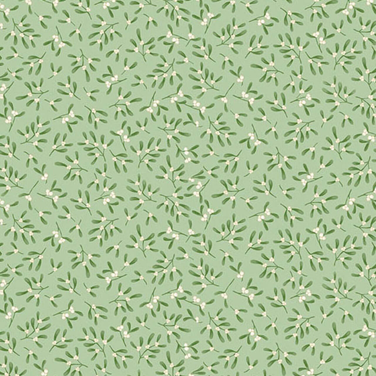 Makower UK Country Christmas Mistletoe in Green quilting fabric featuring delicate mistletoe sprigs with white berries on a soft green background
