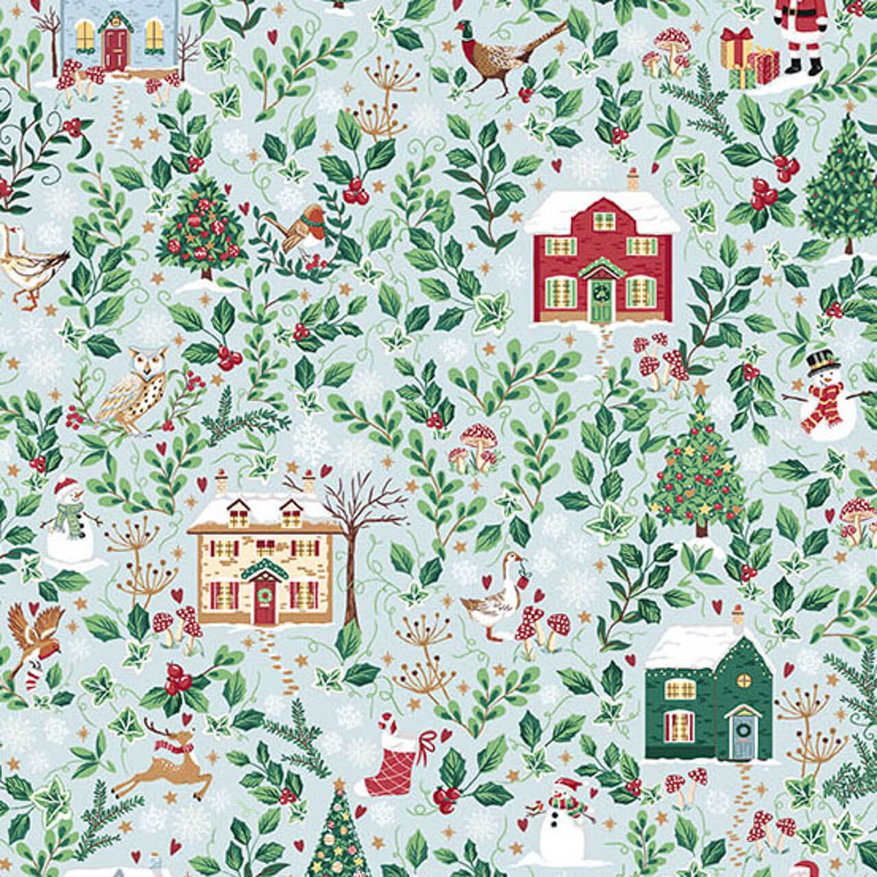 Makower UK Country Christmas Cottages in Blue quilting fabric featuring festive cottages, woodland animals, holly and greenery on a soft blue background