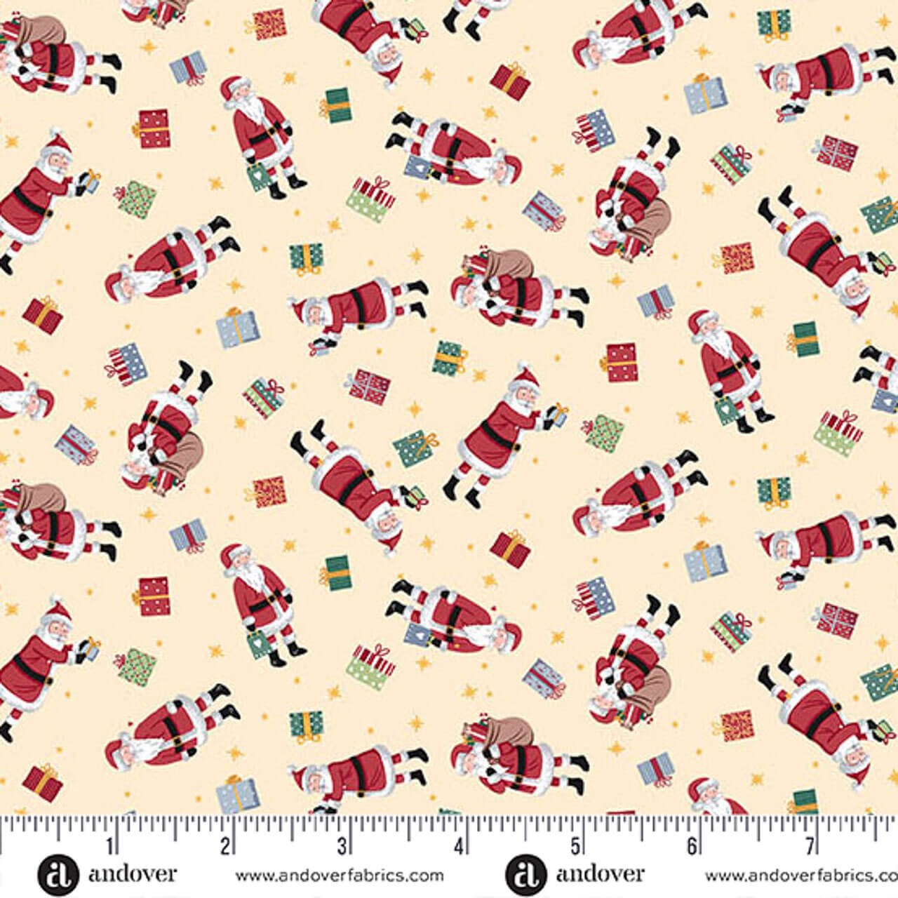 Makower UK Country Christmas Santa in Cream quilting fabric featuring Father Christmas, wrapped presents and golden stars on a cream background with ruler for scale