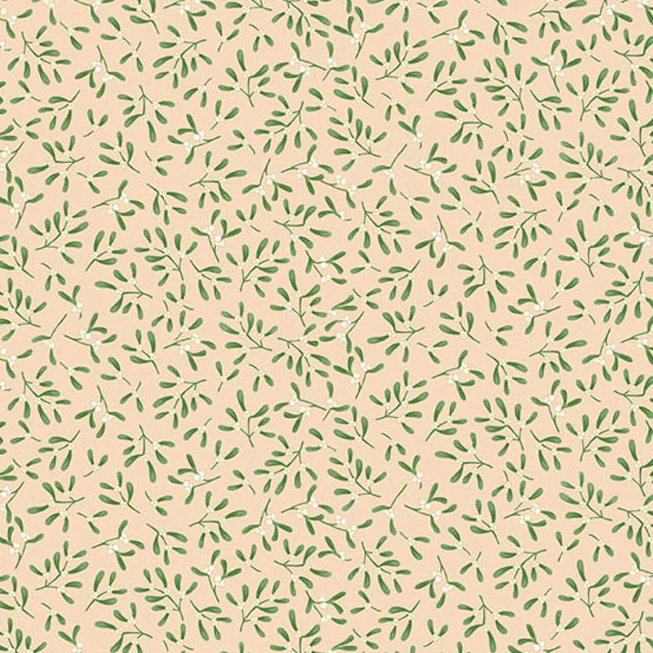 Makower UK Country Christmas Mistletoe in Cream quilting fabric featuring delicate mistletoe sprigs with white berries on a warm cream background