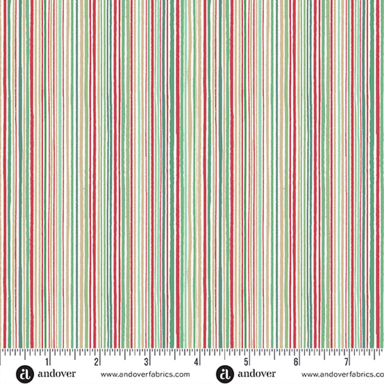 Makower UK Country Christmas Fine Stripe Light quilting fabric featuring narrow festive stripes in red, green, cream and beige on a white background with ruler for scale