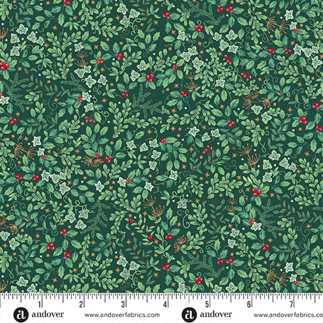 Makower UK Country Christmas Evergreen Dark quilting fabric featuring holly, ivy, evergreen foliage and red berries on a deep forest green background with ruler for scale