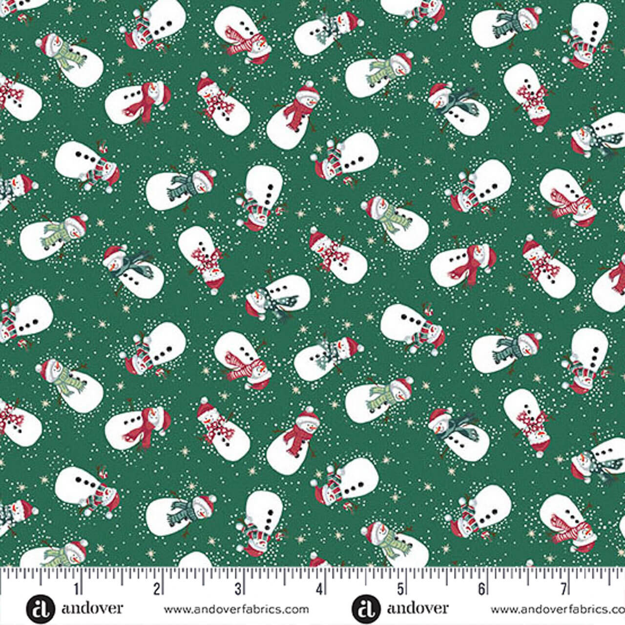 Makower UK Country Christmas Snowmen in Green quilting fabric featuring cheerful snowmen, snowflakes and golden stars on a rich green background with ruler for scale