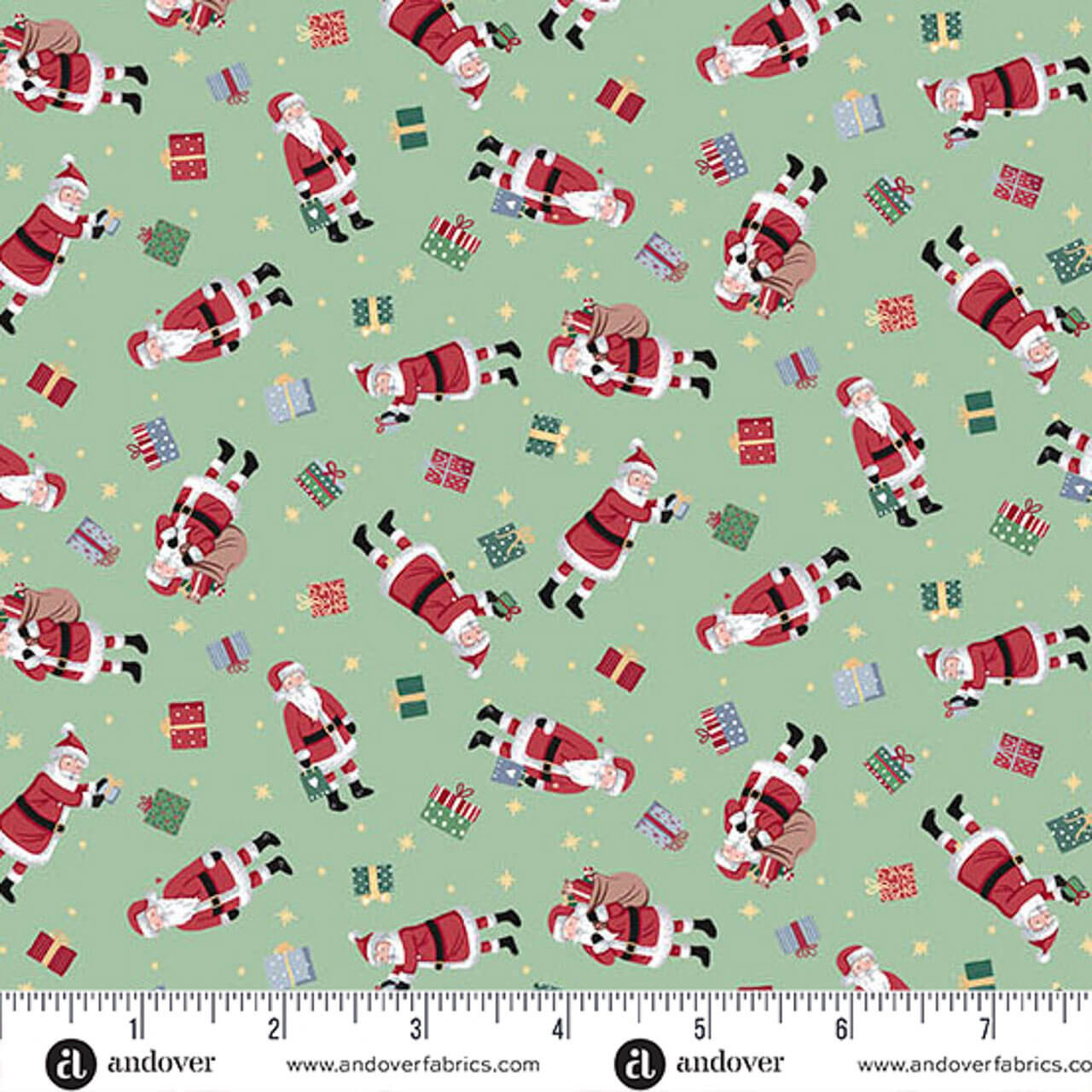 Makower UK Country Christmas Santa in Green quilting fabric featuring Father Christmas, wrapped presents and golden stars on a soft green background with ruler for scale