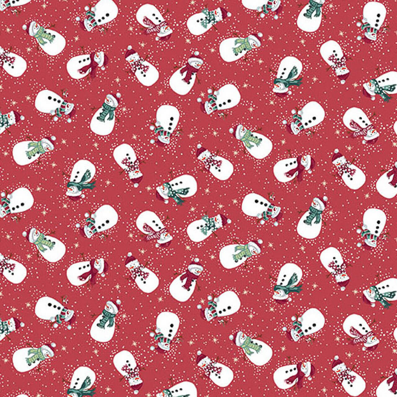 Makower UK Country Christmas Snowmen in Red quilting fabric featuring cheerful snowmen, snowflakes and golden stars on a rich red background