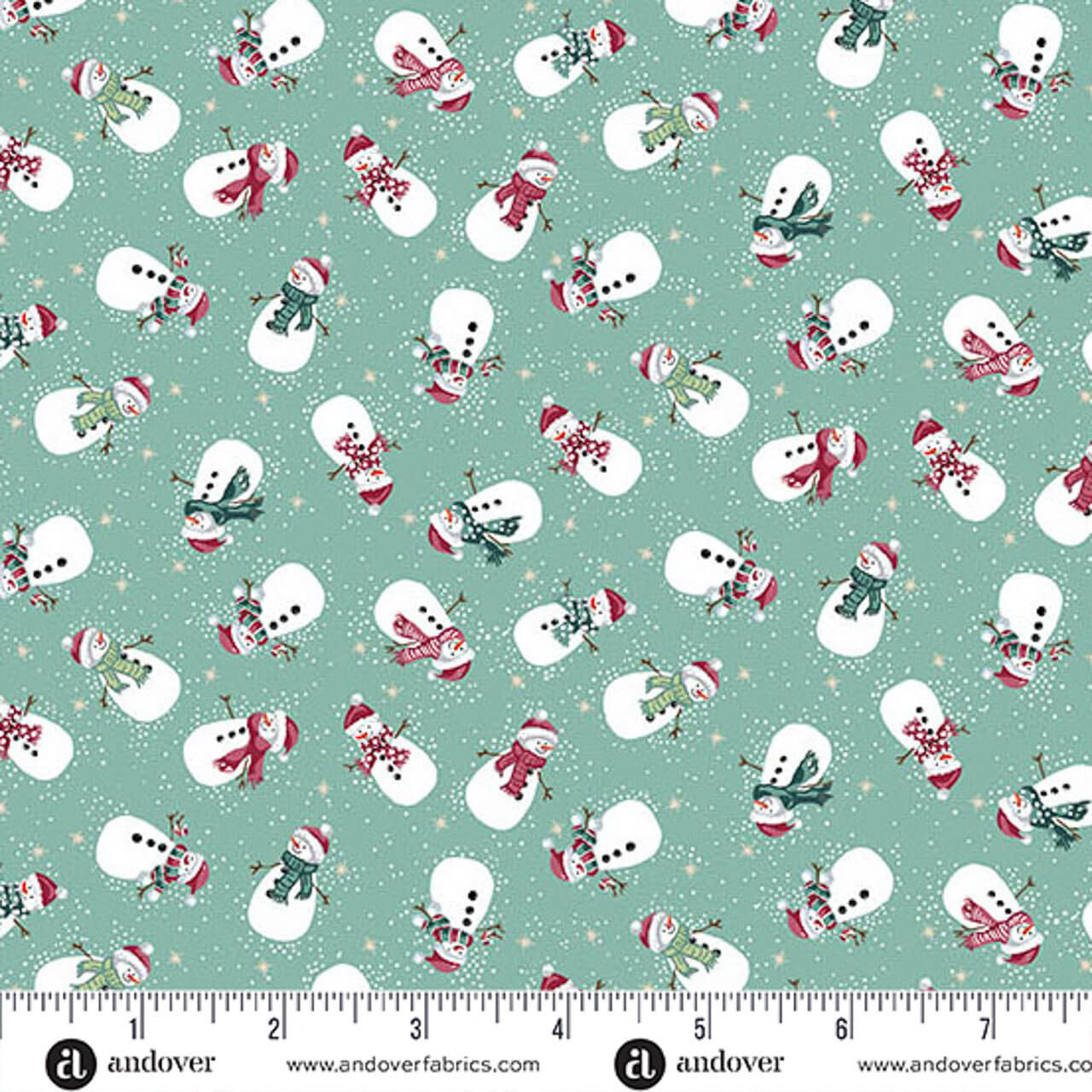 Makower UK Country Christmas Snowmen in Teal quilting fabric featuring cheerful snowmen, snowflakes and golden stars on a fresh teal background with ruler for scale