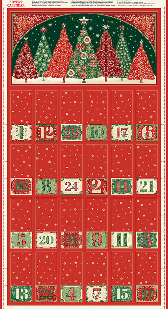 Makower UK Adorn Collection Advent Calendar sewing panel, featuring decorative Christmas trees, 24 numbered pockets and metallic festive details.