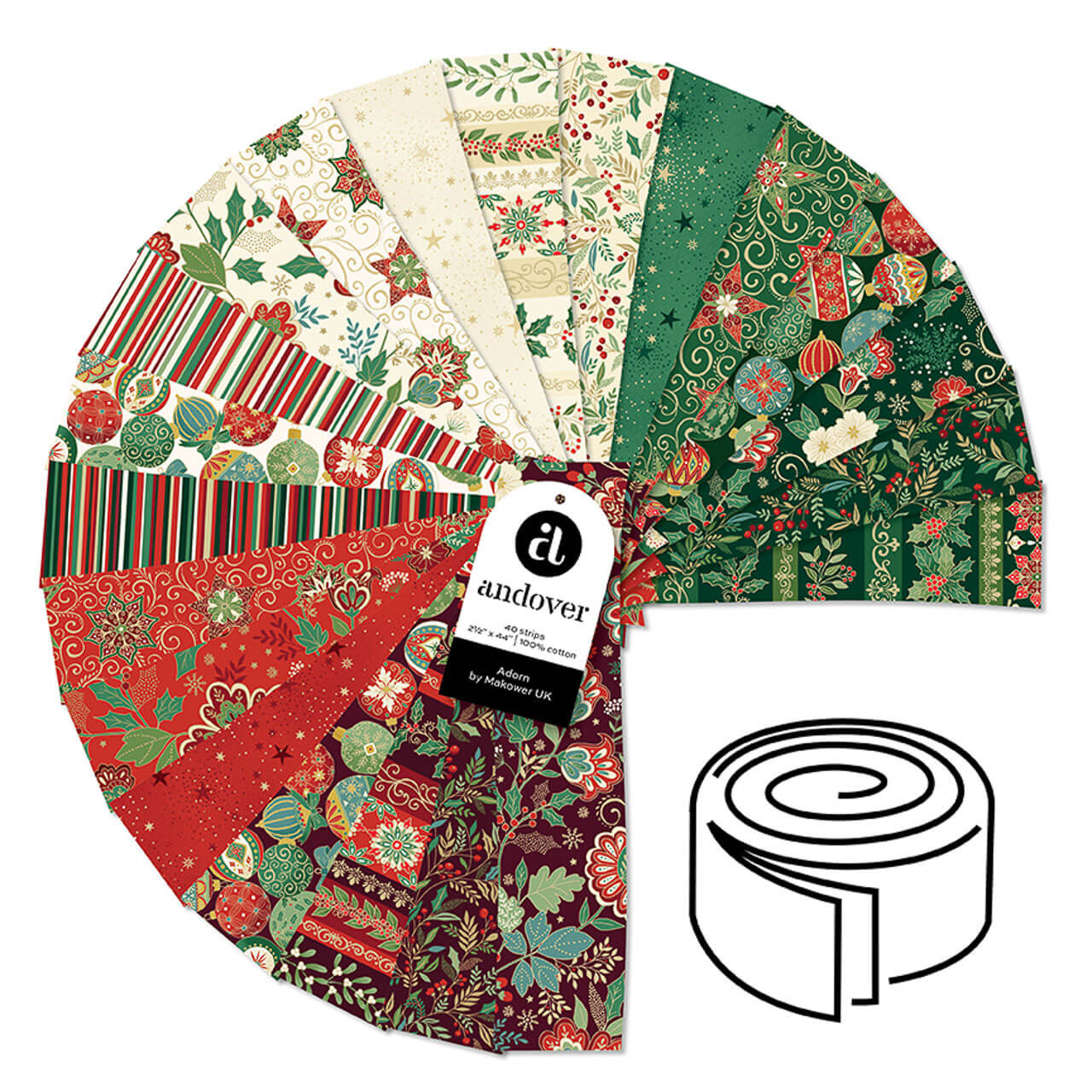 Makower UK Adorn Collection Strip Roll featuring 40 pre-cut 2.5-inch metallic quilting fabric strips in coordinating festive prints.