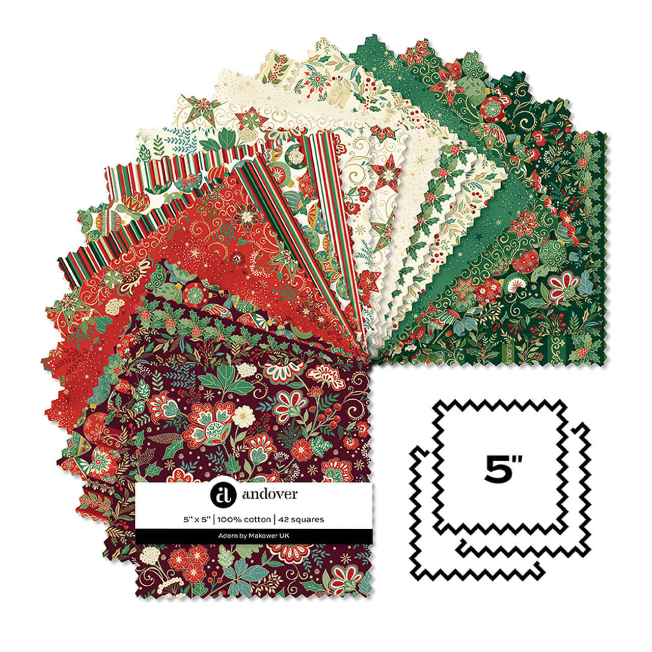 Makower UK Adorn Collection 5-inch Charm Pack showing 42 manufacturer-cut metallic quilting fabric squares with coordinating festive prints displayed in a fan arrangement.