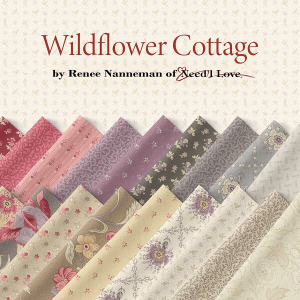Wildflower Cottage fabric collection by Renee Nanneman for Andover Fabrics – a range of 30 quilting cotton prints in lavender, poppy, buttercup, pewter, mocha and linen with florals, ditsies, trellises and birds.
