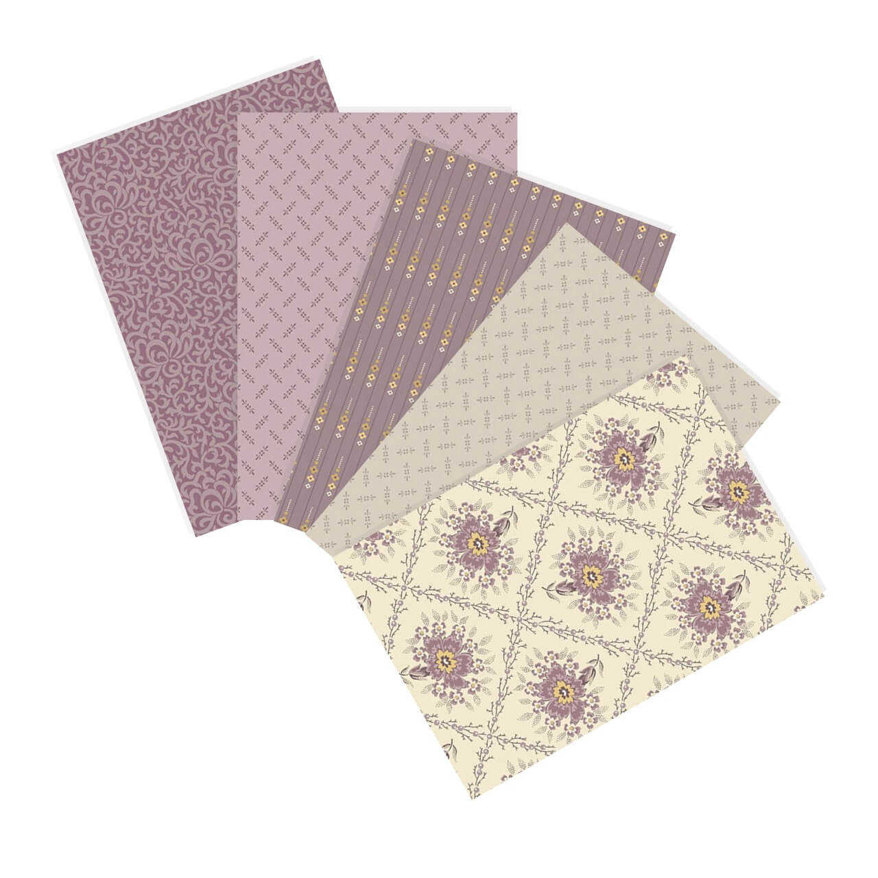 Wildflower Cottage Evening Heather Bundle featuring five studio cut fat quarters in coordinating lavender, heather and linen floral quilting fabrics from the Wildflower Cottage collection by Renee Nanneman for Andover Fabrics.