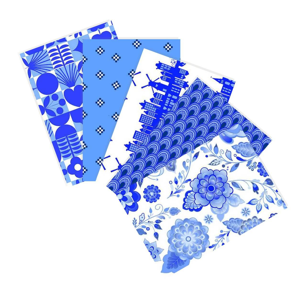 Morning in Amsterdam curated bundle featuring five Studio Cut fat quarters from the Amsterdam collection by Libs Elliott in Delftware blue, cobalt and white.