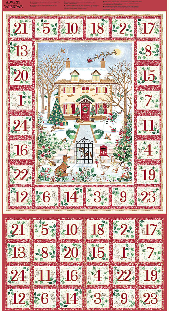 Country Christmas Advent Calendar panel by Makower UK featuring a snow-covered country house, woodland animals, festive foliage and twenty-four numbered advent pockets.
