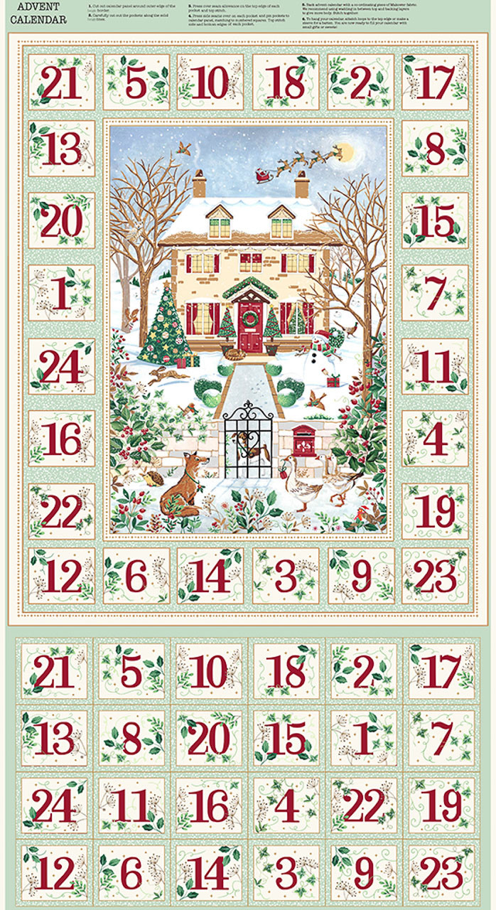 Country Christmas Green Advent Calendar panel by Makower UK featuring a snow-covered country house, woodland animals, festive foliage and twenty-four numbered advent pockets with a sage green border.