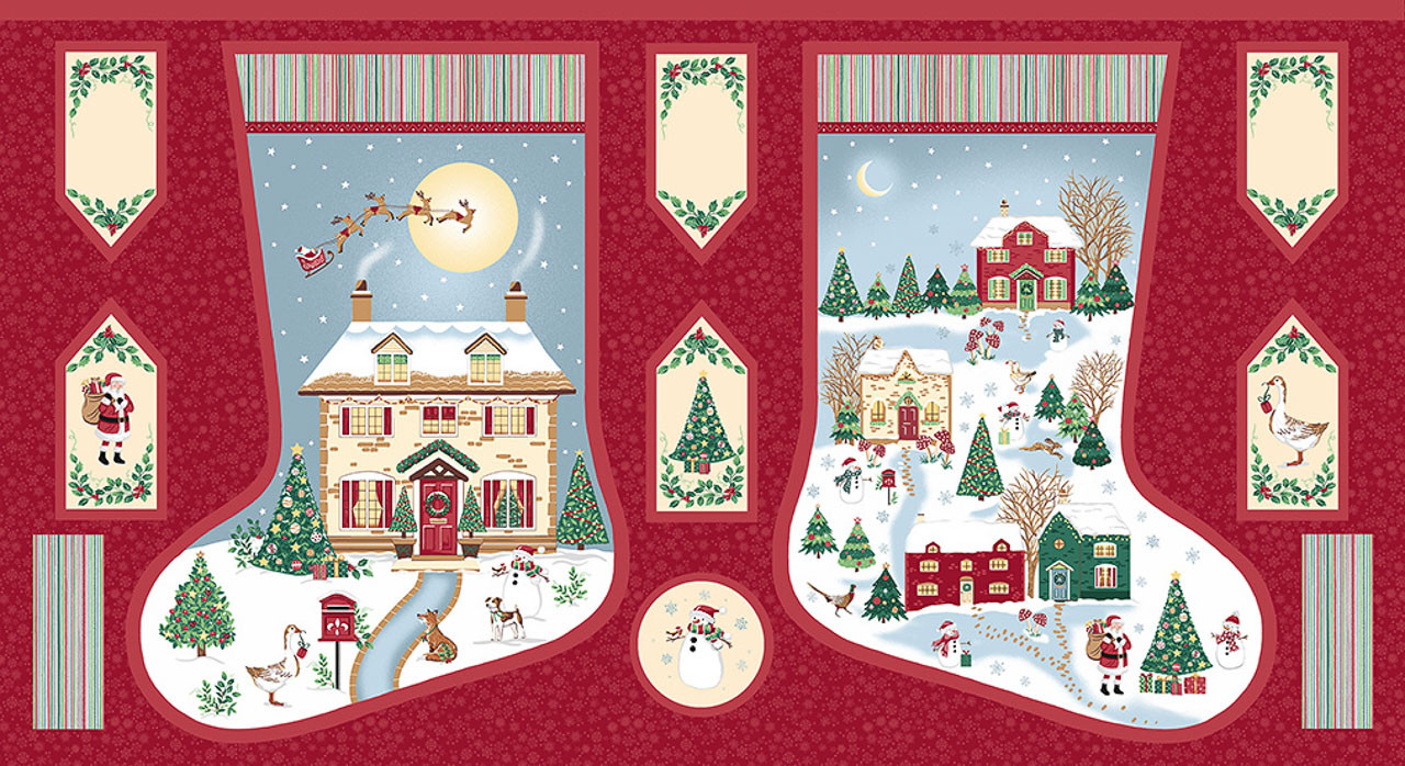 Country Christmas Stocking Panel by Makower UK featuring two festive stocking designs with snowy cottages, woodland animals, Christmas trees and bonus fabric gift tags.