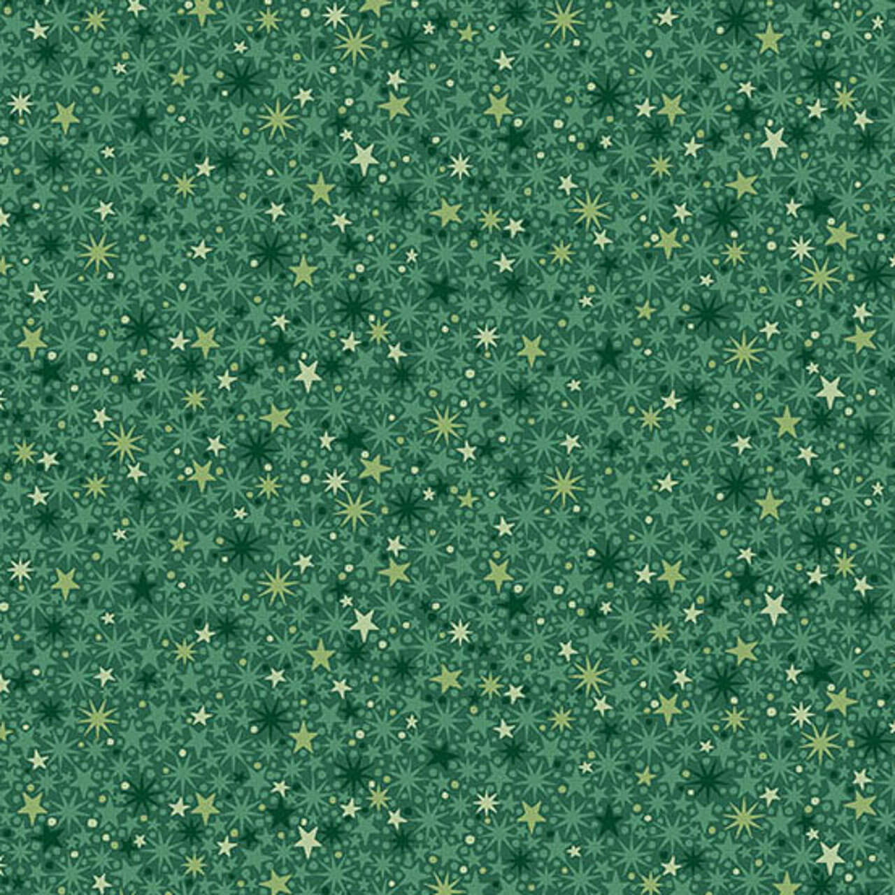 Makower UK The Nutcracker Collection Twinkle Green fabric with layered green stars, starbursts and small geometric motifs on a green background.