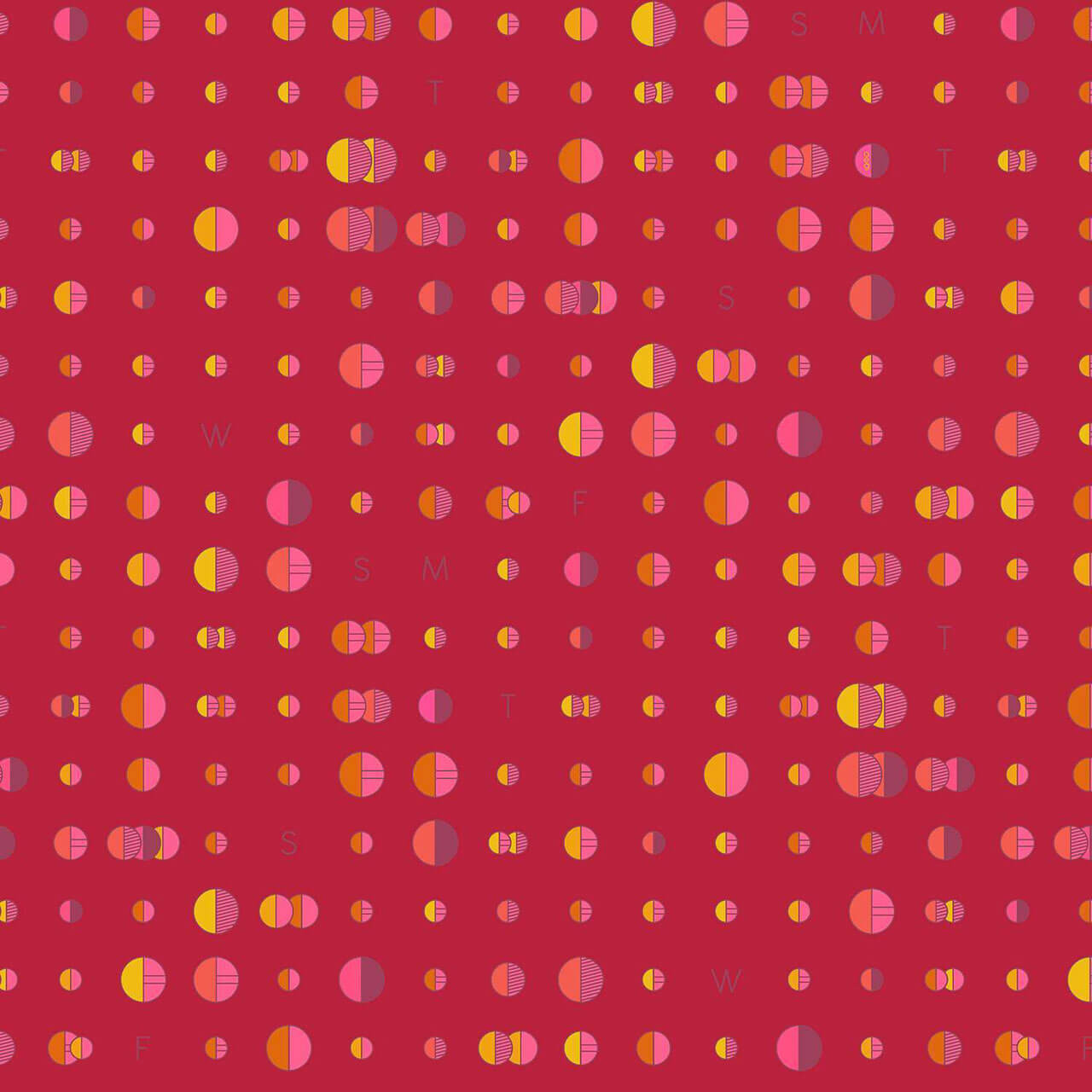 Brick-red cotton fabric with geometric circles in pink, orange, and yellow from the Soliloquy collection designed by Alison Glass for Andover Fabrics.